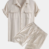 Linen Cuban Shirt with Pockets & Linen Drawstring Shorts Set