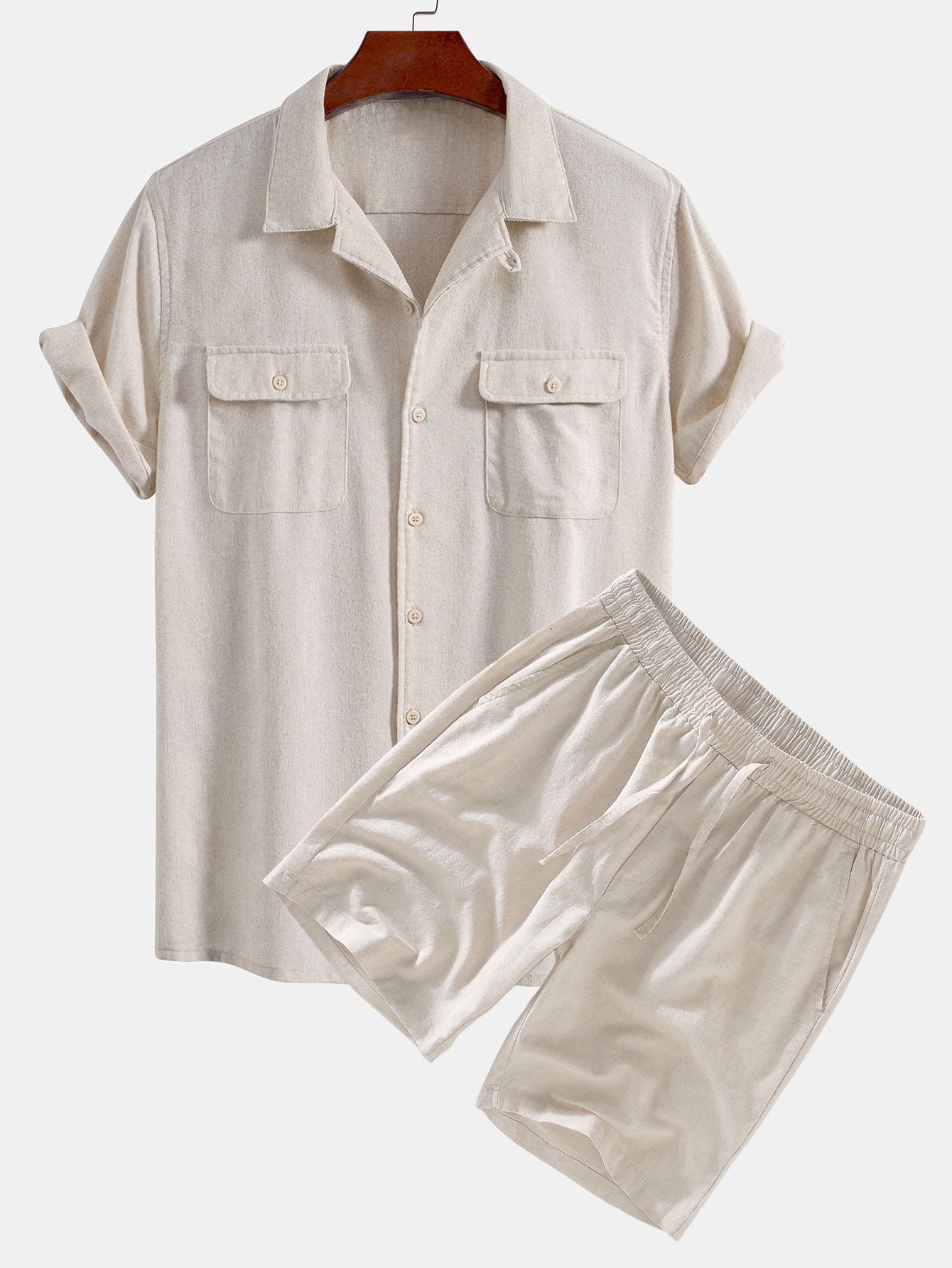 Linen Cuban Shirt with Pockets & Linen Drawstring Shorts Set