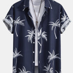 Palm Tree Print Shirt & Linen Cotton Blend Drawstring Shorts Set