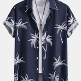 Palm Tree Print Shirt & Linen Cotton Blend Drawstring Shorts Set
