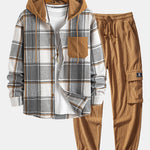 Contrast Corduroy Plaid Hooded Shirt & Drawstring Corduroy Cargo Jogger Set