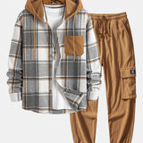 Contrast Corduroy Plaid Hooded Shirt & Drawstring Corduroy Cargo Jogger Set