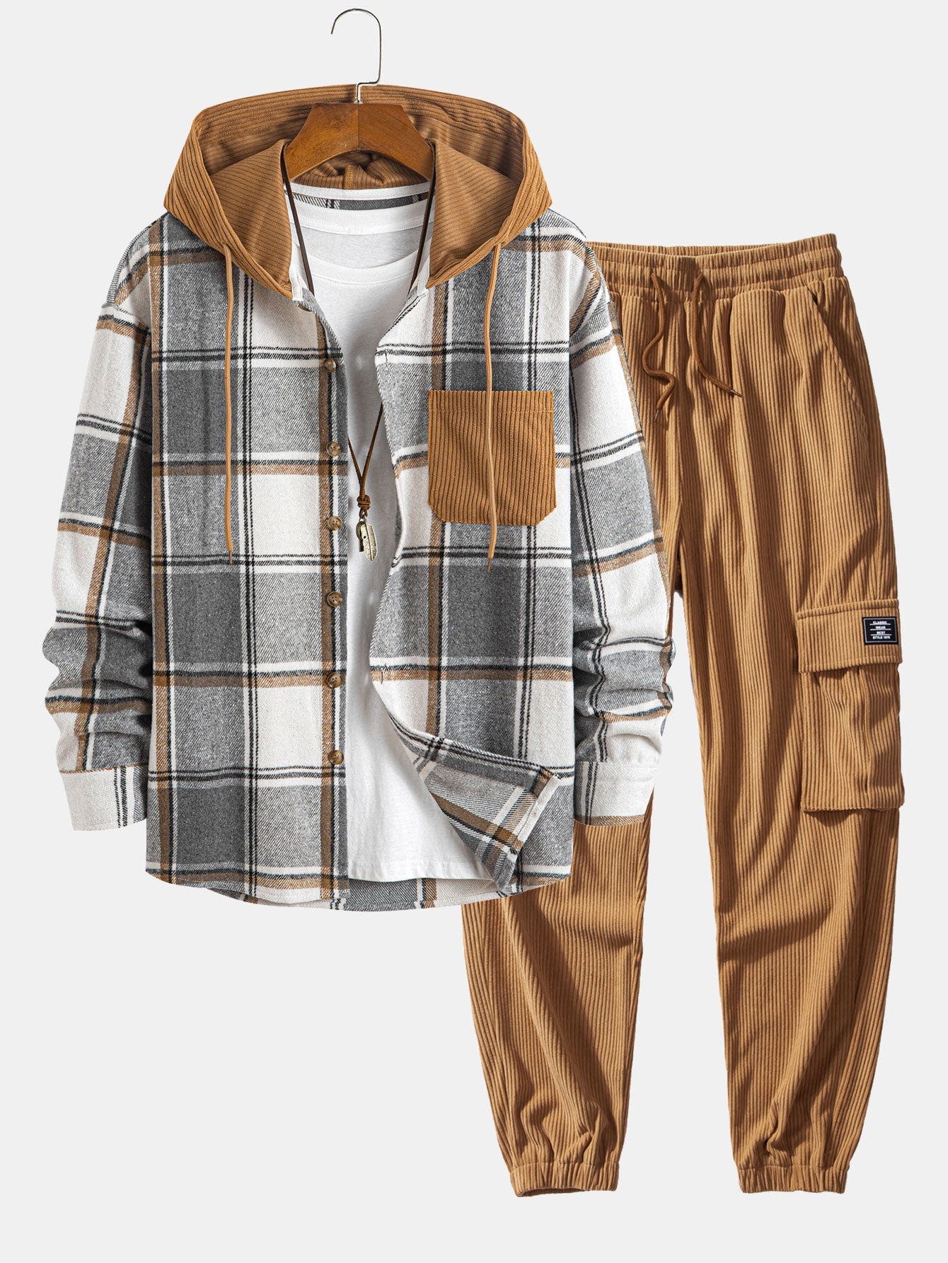 Contrast Corduroy Plaid Hooded Shirt & Drawstring Corduroy Cargo Jogger Set