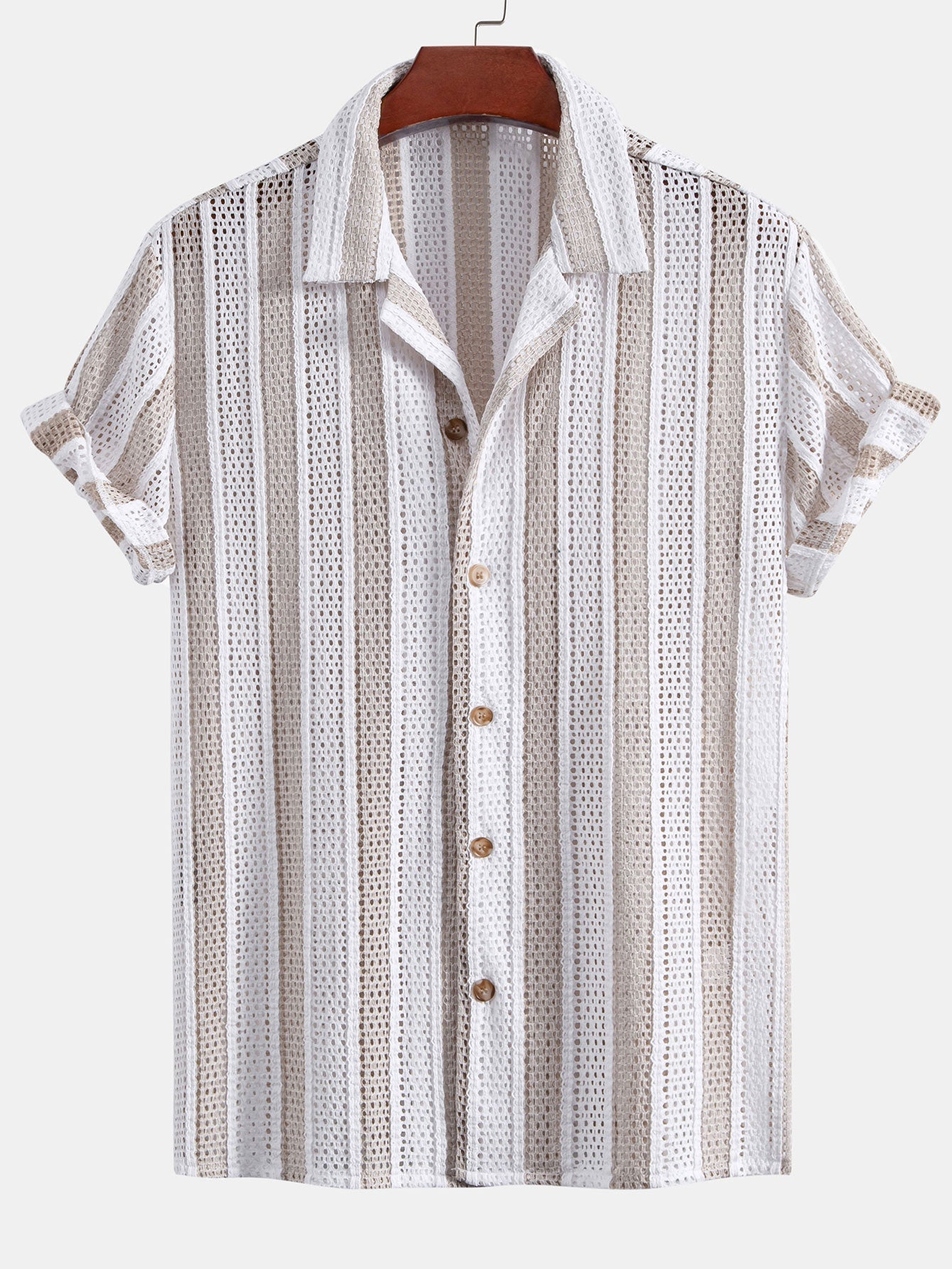 Striped Mesh Cuban Shirt & Linen Drawstring Shorts Set