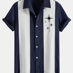Mid Century Starbursts Print Linen Patchwork Bowling Shirt
