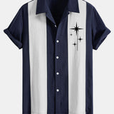 Mid Century Starbursts Print Linen Patchwork Bowling Shirt