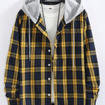 Plaid Contrast Button Up Hooded Shirt