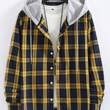 Plaid Contrast Button Up Hooded Shirt