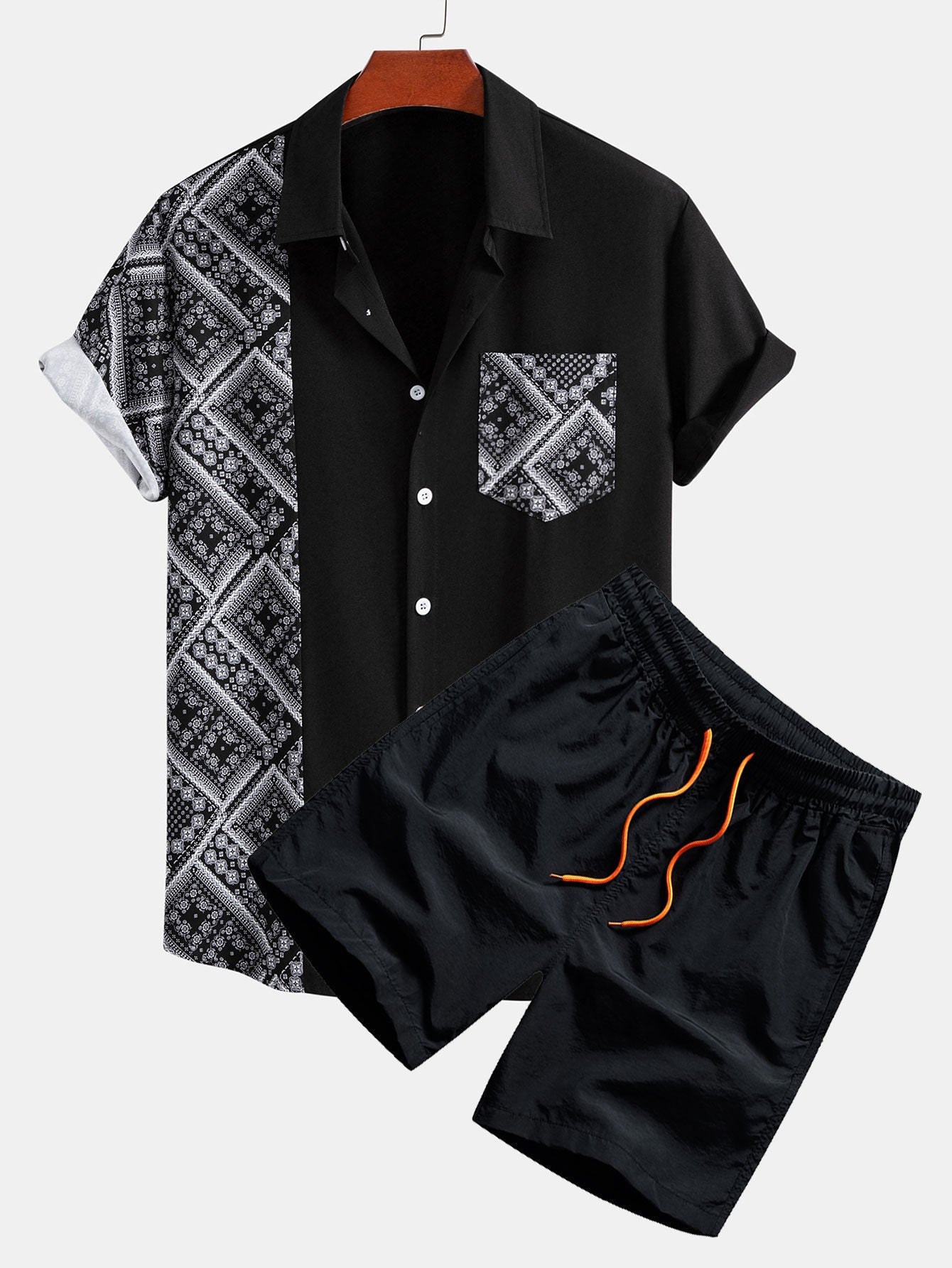 Paisley Print Patchwork Shirt & Swim Shorts Set