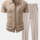 Retro Rhombus Geometric Knit Shirt & Slim Fit Tapered Trousers Set