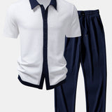 Contrast Ribbed Shirt & Straight Leg Ribbed Pants Set