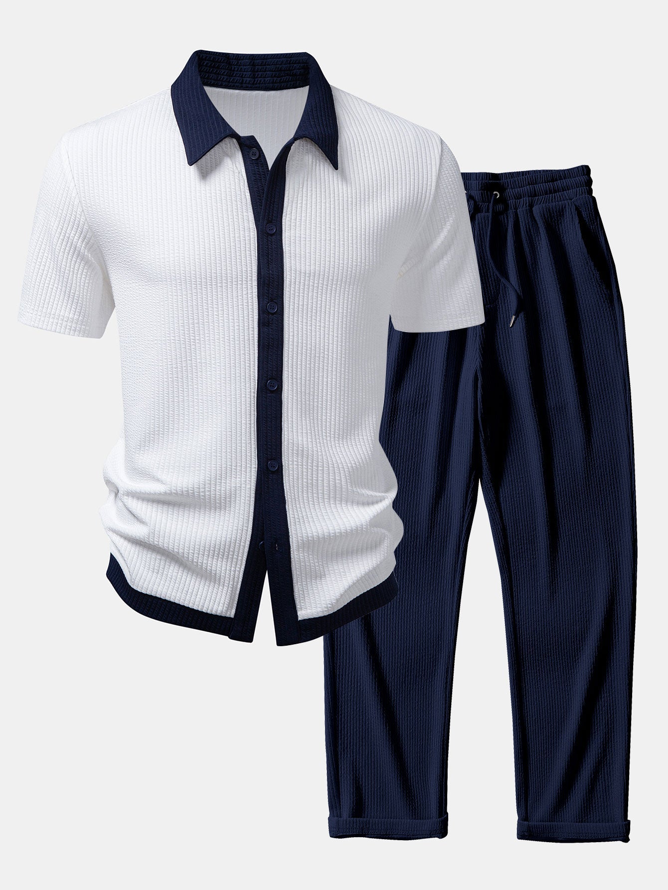 Contrast Ribbed Shirt & Straight Leg Ribbed Pants Set