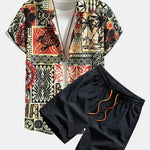 Palm Tree Turtle Ethnic Geometry Print Shirt & Swim Shorts Set