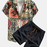 Palm Tree Turtle Ethnic Geometry Print Shirt & Swim Shorts Set