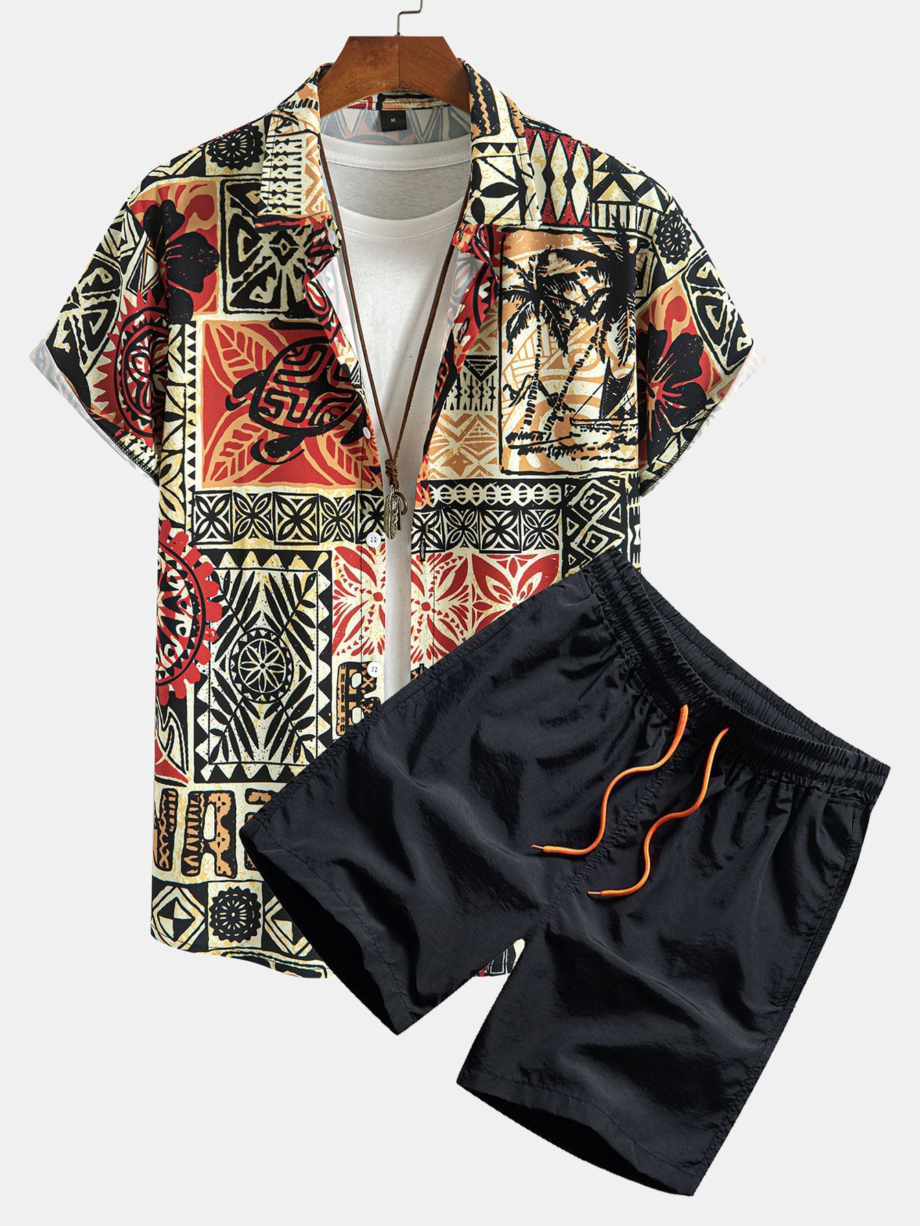Palm Tree Turtle Ethnic Geometry Print Shirt & Swim Shorts Set