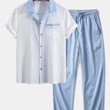 Textured Contrast Cuban Shirt & Straight Leg Pants Set