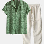 Jacquard Texture Cuban Shirt & Straight Leg Linen Pants Set