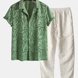 Jacquard Texture Cuban Shirt & Straight Leg Linen Pants Set