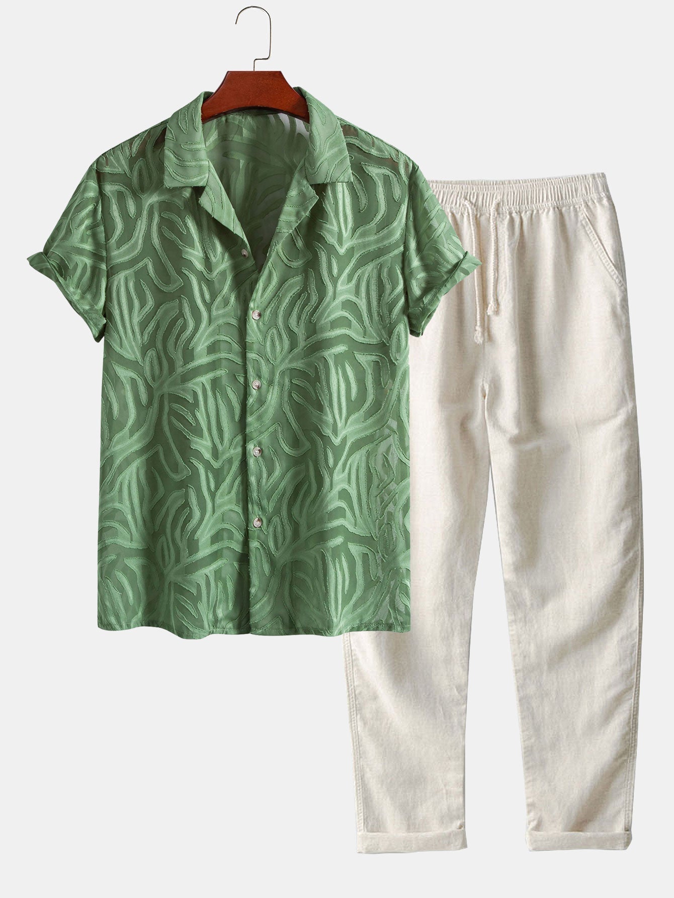 Jacquard Texture Cuban Shirt & Straight Leg Linen Pants Set