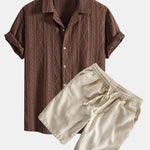 Geometric Jacquard Eyelet Cuban Shirt & Linen Cotton Blend Shorts Set