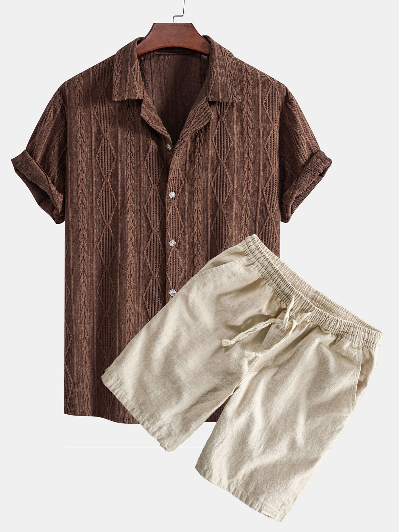 Geometric Jacquard Eyelet Cuban Shirt & Linen Cotton Blend Shorts Set