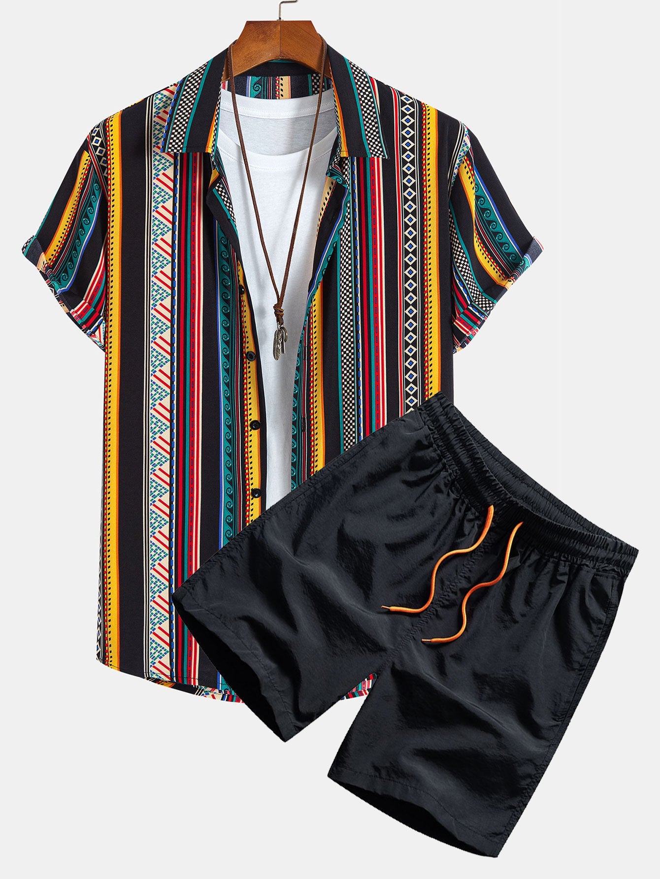 Ethnic Geometric Print Shirt & Swim Shorts Set