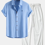 Short Sleeve Linen Shirt & Crinkle Textured Straight Leg Pants Set