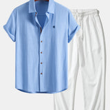 Short Sleeve Linen Shirt & Crinkle Textured Straight Leg Pants Set