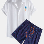 Blue Palm Tree Print Linen Cotton Shirt & Swim Shorts Set