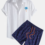 Blue Palm Tree Print Linen Cotton Shirt & Swim Shorts Set