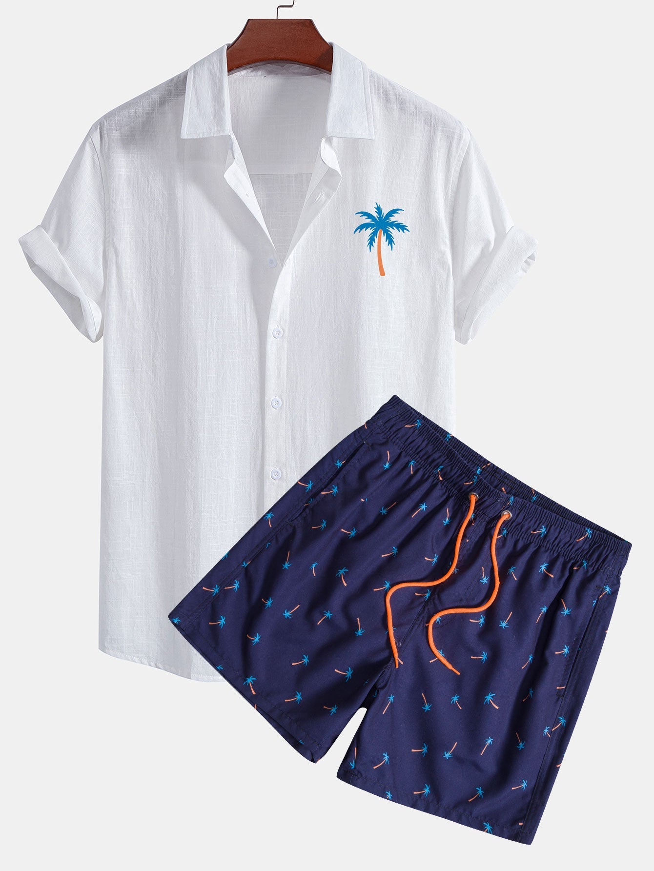 Blue Palm Tree Print Linen Cotton Shirt & Swim Shorts Set