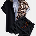 Leopard Print Patchwork Shirt & Swim Shorts Set