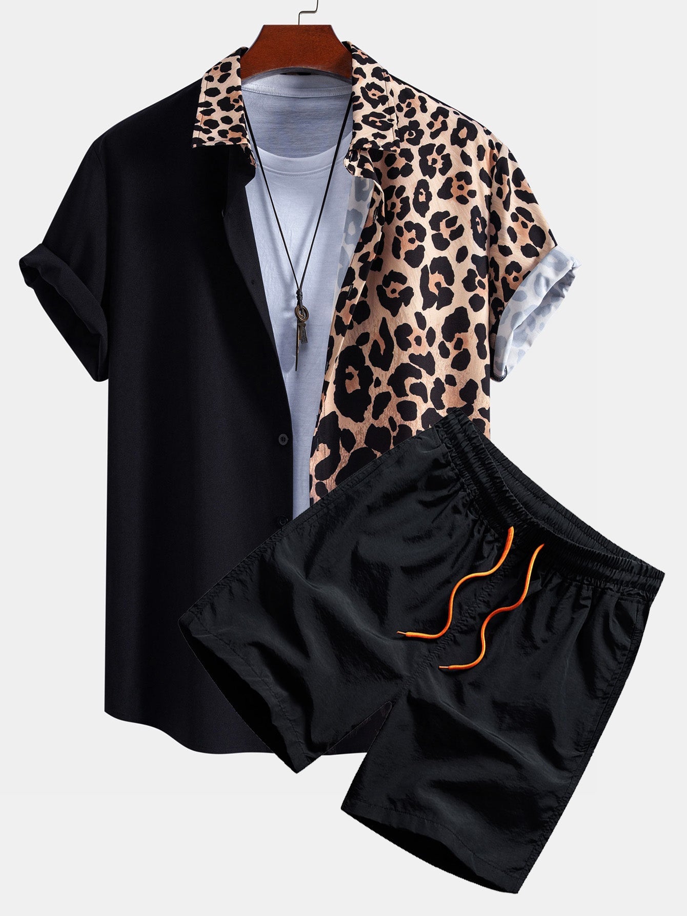 Leopard Print Patchwork Shirt & Swim Shorts Set