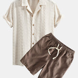 Floral Checkerboard Jacquard Cuban Shirt & Linen Cotton Blend Drawstring Set