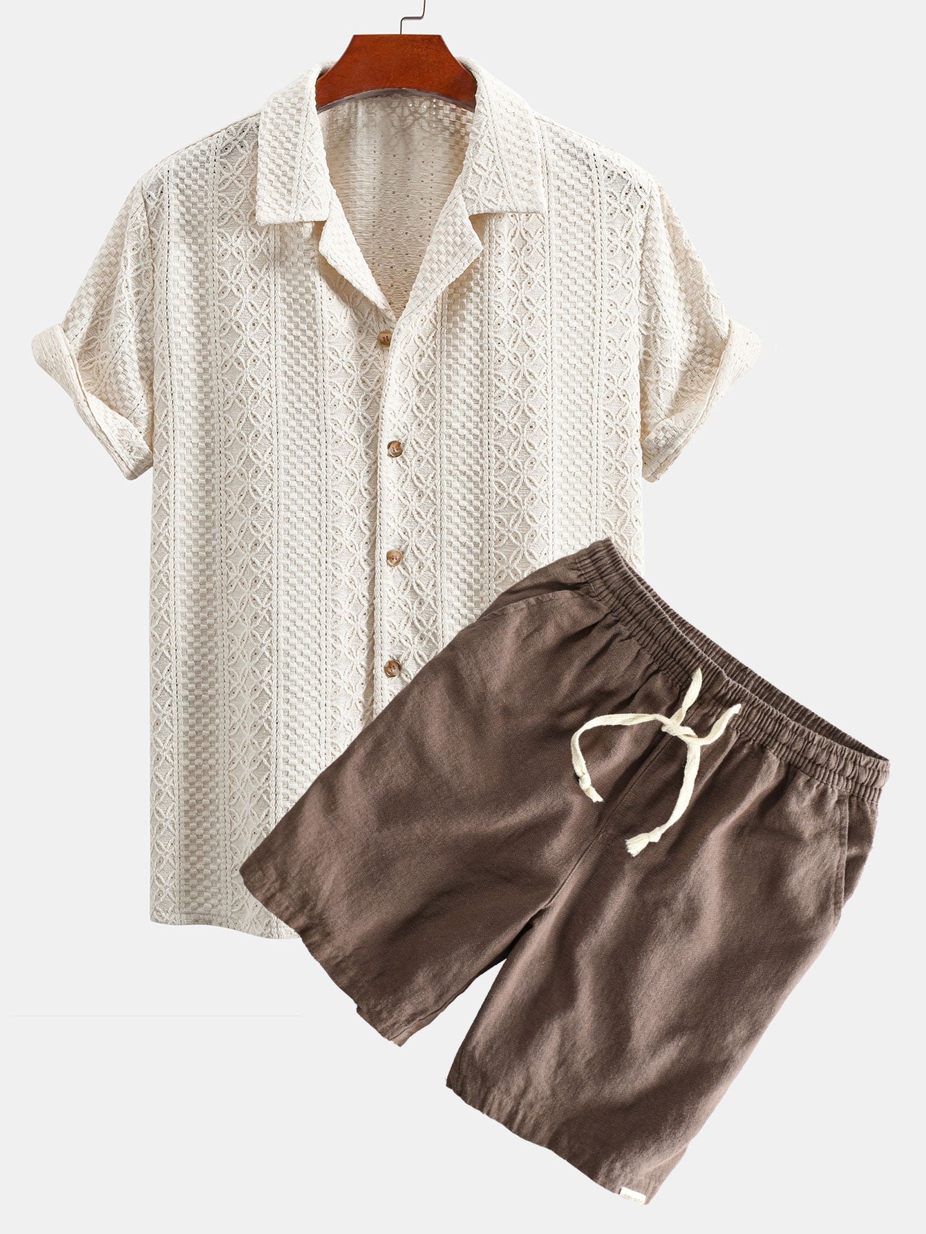 Floral Checkerboard Jacquard Cuban Shirt & Linen Cotton Blend Drawstring Set