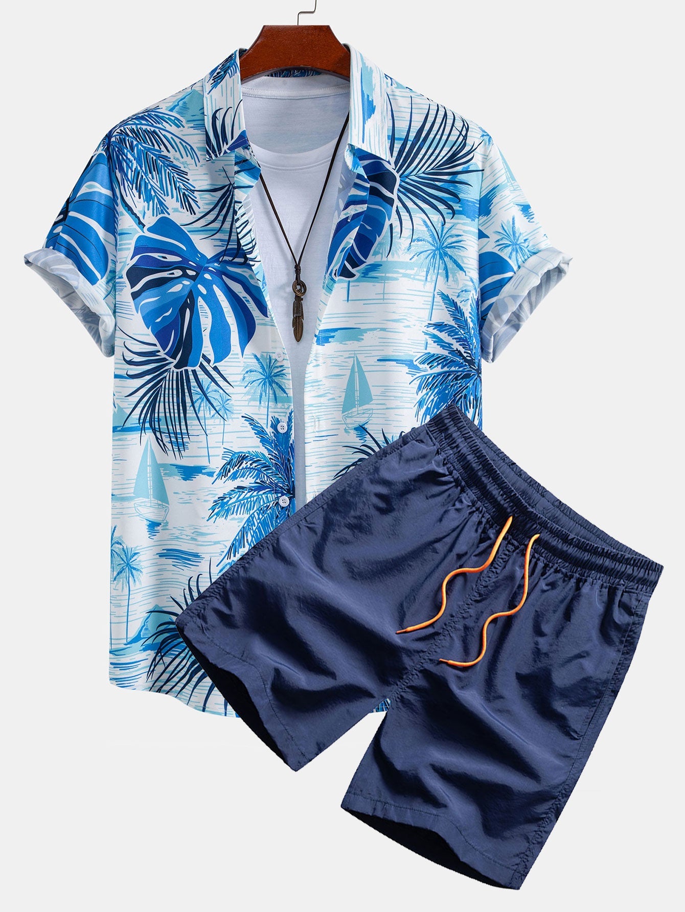 Leaf Island Print Shirt & Drawstring Swim Shorts Set