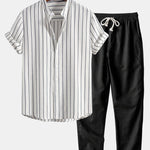 Cotton Blend Striped Stand Collar Shirt & Straight Leg Linen Pants Set