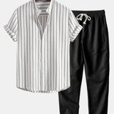 Cotton Blend Striped Stand Collar Shirt & Straight Leg Linen Pants Set