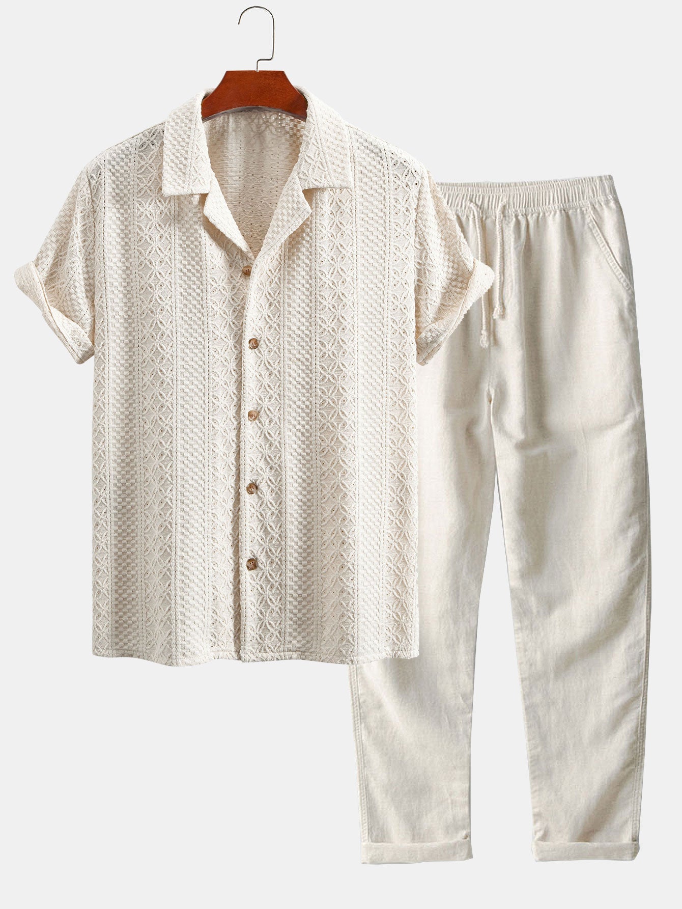 Floral Checkerboard Jacquard Cuban Shirt & Linen Pants Set