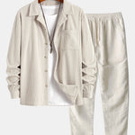 Long Sleeve Corduroy Cuban Collar Shirt & Straight Leg Linen Pants Set