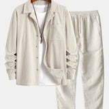 Long Sleeve Corduroy Cuban Collar Shirt & Straight Leg Linen Pants Set