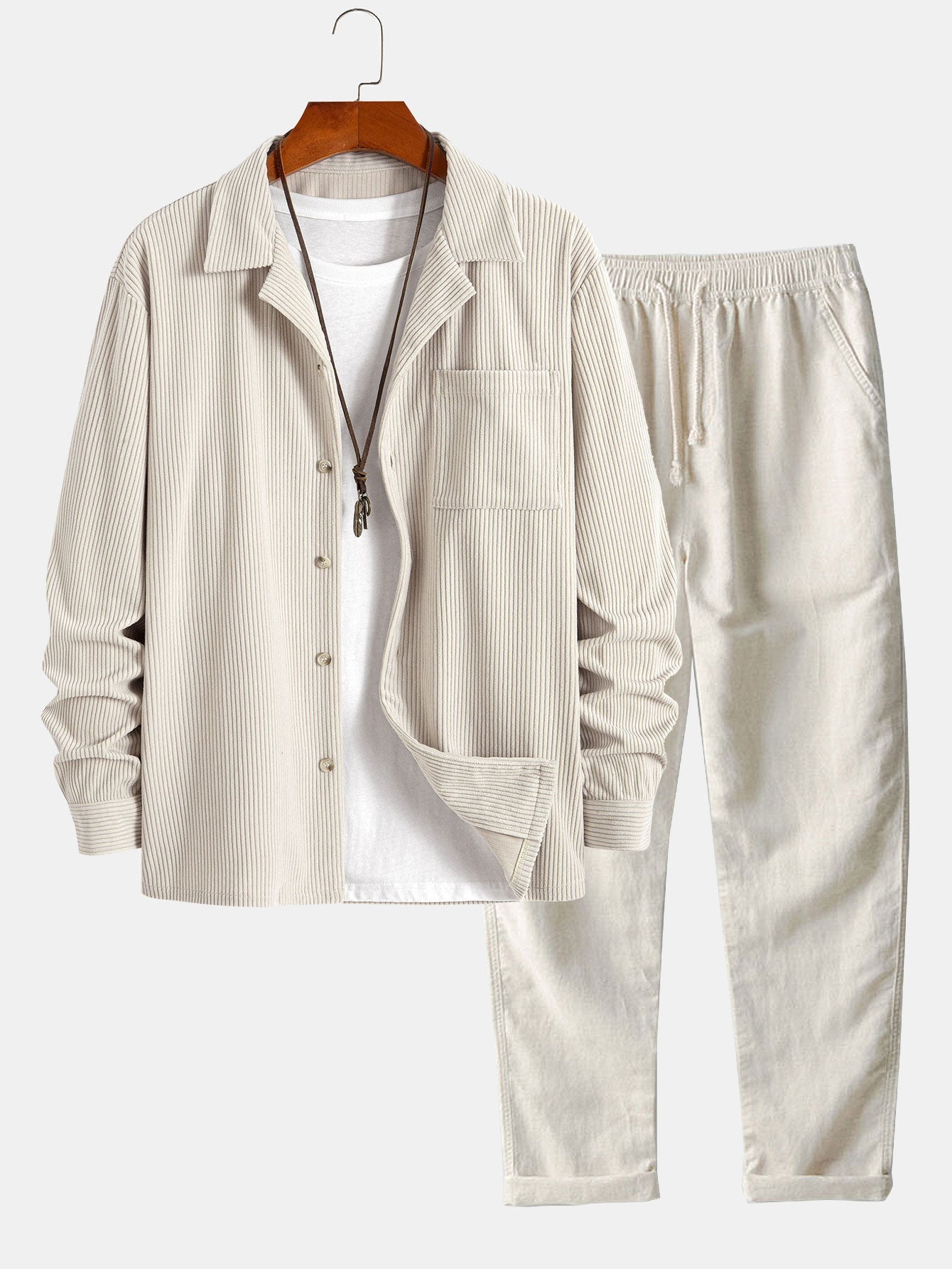 Long Sleeve Corduroy Cuban Collar Shirt & Straight Leg Linen Pants Set