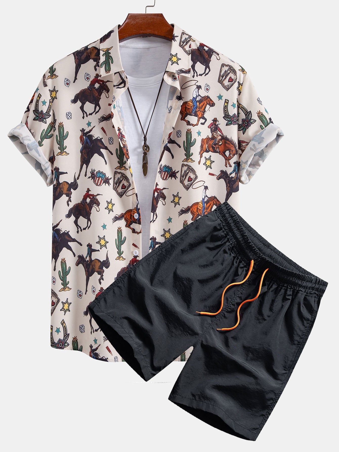 Cowboy Print Shirt & Drawstring Swim Shorts Set