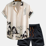 Ink Mountain Shirt & Man Mid Length Drawstring Swim Shorts Set