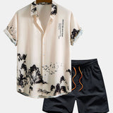Ink Mountain Shirt & Man Mid Length Drawstring Swim Shorts Set