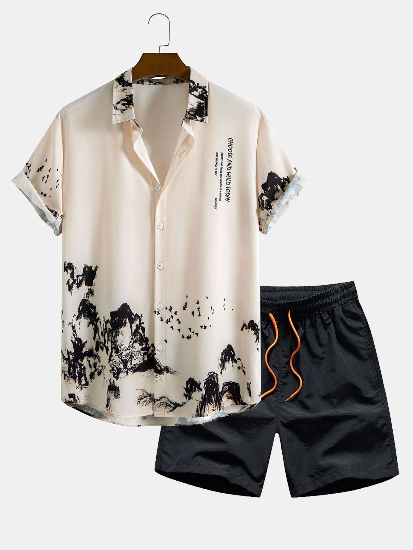 Ink Mountain Shirt & Man Mid Length Drawstring Swim Shorts Set