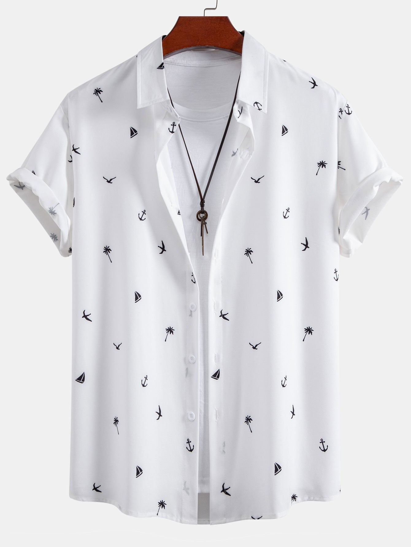 Palm Tree Anchor Sailboat Print Button Up Shirt