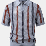 Striped Crochet V Neck Polo & Straight Leg Linen Pants Set