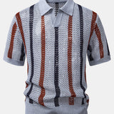 Striped Crochet V Neck Polo & Straight Leg Linen Pants Set