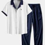 Contrast Palm Tree Embroidery Crinkle Shirt & Crinkle Textured Pants Set